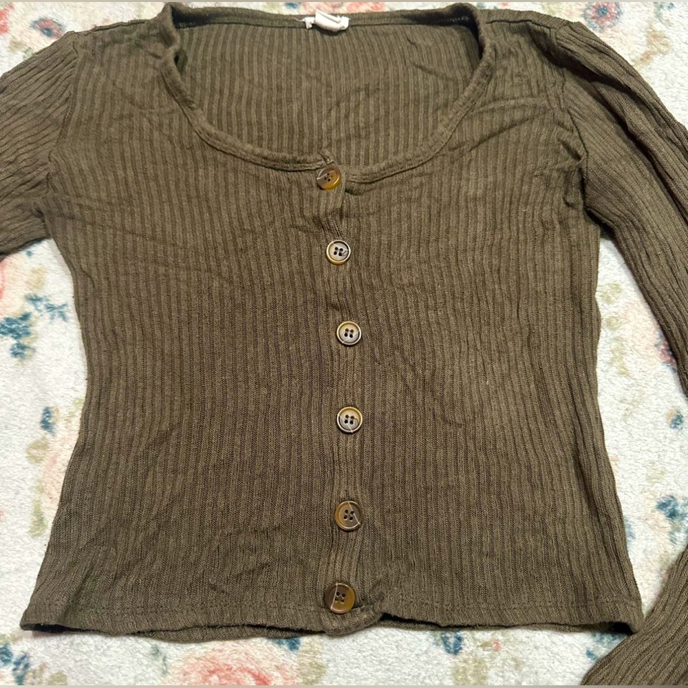 Army Green Cropped Button Up Sweater